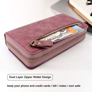 Lacass Case Compatible with iPhone 15 Plus/iPhone 14 Plus, Crossbody Dual Zipper Detachable Leather Wallet Phone case Cover (Wine red)