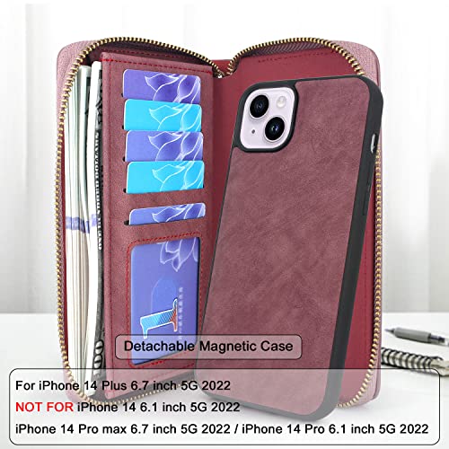Lacass Case Compatible with iPhone 15 Plus/iPhone 14 Plus, Crossbody Dual Zipper Detachable Leather Wallet Phone case Cover (Wine red)