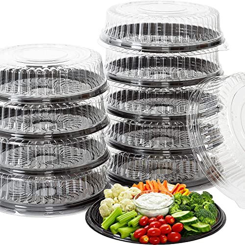 12 Pack Convenient Plastic Food Containers with Lids 12 in– Disposable Serving Tray – Black Serving Platter – Food Tray – Recyclable Plastic Tray with Clear Lid – Serving Trays for Party And Occasions