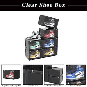 C&AHOME Clear Shoe Box, Clear Shoe Box Storage, Set of 6, Large Size Plastic Shoe Box with Magnetic Door, Shoe Organizer, Box Stackable for Display Sneakers, Fit Up to US Size 14''Black UCSBP06B