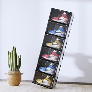 C&AHOME Clear Shoe Box, Clear Shoe Box Storage, Set of 6, Large Size Plastic Shoe Box with Magnetic Door, Shoe Organizer, Box Stackable for Display Sneakers, Fit Up to US Size 14''Black UCSBP06B
