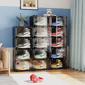 C&AHOME Clear Shoe Box, Clear Shoe Box Storage, Set of 6, Large Size Plastic Shoe Box with Magnetic Door, Shoe Organizer, Box Stackable for Display Sneakers, Fit Up to US Size 14''Black UCSBP06B