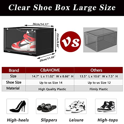 C&AHOME Clear Shoe Box, Clear Shoe Box Storage, Set of 6, Large Size Plastic Shoe Box with Magnetic Door, Shoe Organizer, Box Stackable for Display Sneakers, Fit Up to US Size 14''Black UCSBP06B