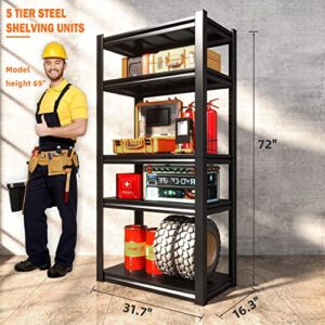 Raybee 72" Garage Shelving Heavy Duty, 2010LBS Garage Storage Shelves with 5 Tier Adjustable Metal Shelving Unit,Heavy Duty Shelving,Metal Storage Shelves for Basement,Easy Assembly,16.3"DX31.7"WX72"H
