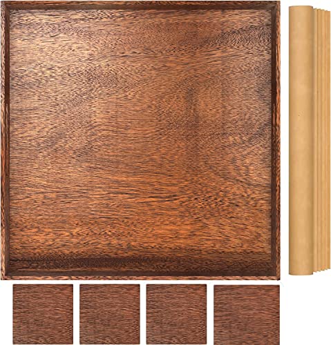 24'' Large Ottoman Tray,Walnut Wood Decorative Serving Tray with Handles for Breakfast, Dinner, Appetizers, Patio, Ottoman, Coffee Table, BBQ, Party –4 Coasters and 5 Greaseproof Papers for Free