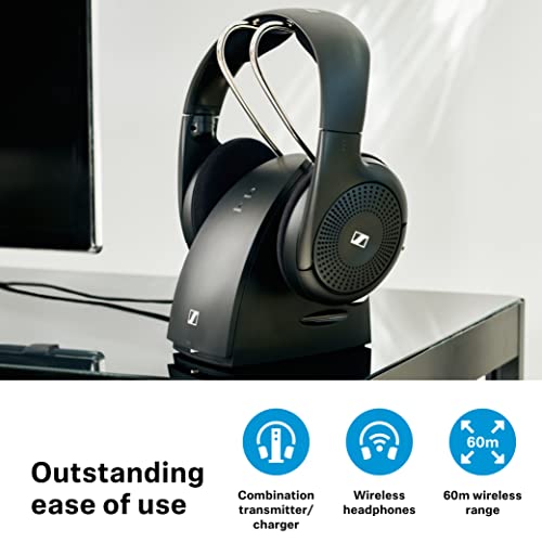 Sennheiser RS 120-W On-Ear Wireless Headphones for Crystal-Clear TV Listening with 3 Sound Modes, Lightweight Design, Easy Volume Control, 60 m Range and Convenient Transmitter/Charger Combo - Black