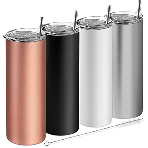 Earth Drinkware SKINNY TUMBLERS (4 pack) - 20oz Stainless Steel Double Wall Insulated Tumblers with Lids and Straws | Skinny Travel Mug, Straw Cleaner INCLUDED | Blanks For Vinyl Projects - Multi #1