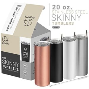 Earth Drinkware SKINNY TUMBLERS (4 pack) - 20oz Stainless Steel Double Wall Insulated Tumblers with Lids and Straws | Skinny Travel Mug, Straw Cleaner INCLUDED | Blanks For Vinyl Projects - Multi #1