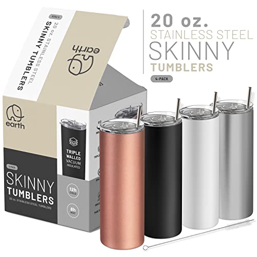 Earth Drinkware SKINNY TUMBLERS (4 pack) - 20oz Stainless Steel Double Wall Insulated Tumblers with Lids and Straws | Skinny Travel Mug, Straw Cleaner INCLUDED | Blanks For Vinyl Projects - Multi #1