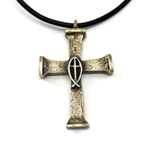 horse nails antique brass finish cross mens necklace on black rubber cord
