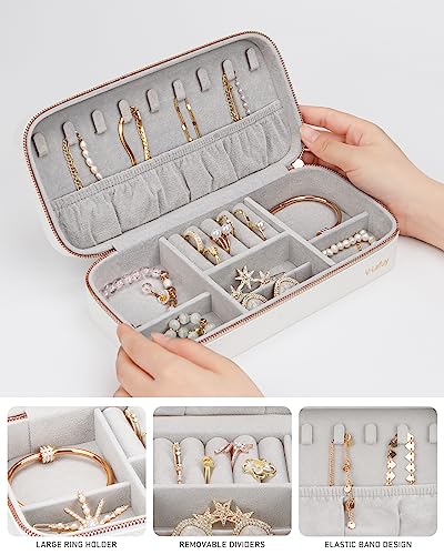 V-LAFUY Jewelry Box Small Jewelry Boxes, PU Leather Portable Travel Jewelry Case, Large Capacity for Rings Earrings Necklaces Bracelets Watch, White C