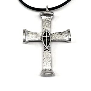 horse nails antique silver cross pendant black rubber cord necklace