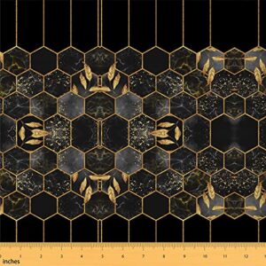 marble upholstery fabric, black grey geometric gold plaid fabric by the yard, modern luxury diamond decorative fabric with metallic stripe printed beehive hexagon grid fabric, 1 yard