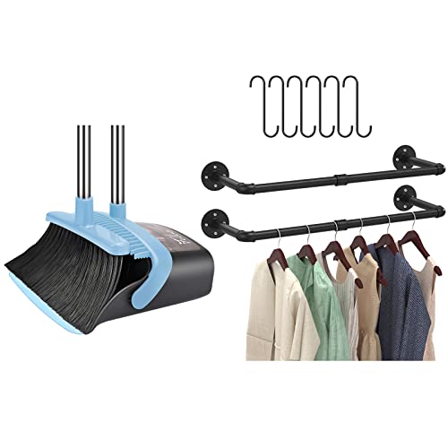 Industrial Pipe Clothes Rack for Hanging Clothes Coats Laundry Room Organizer Storage Hanger Shelf Space Saving, Long Handle Broom and Dustpan Set