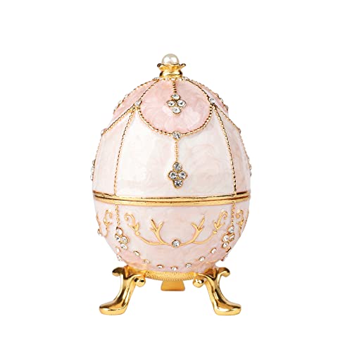 QIFU Hand Painted Pink Faberge Egg Figurine Trinket Box Hinged, Unique Gift for Family