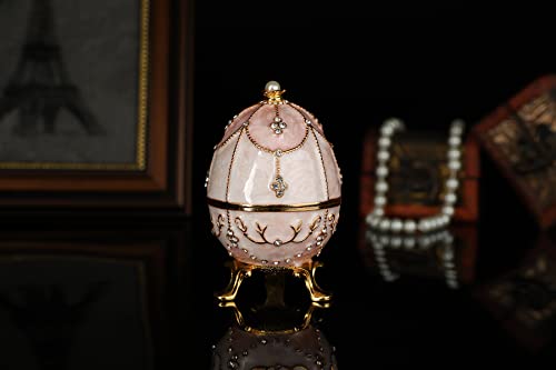 QIFU Hand Painted Pink Faberge Egg Figurine Trinket Box Hinged, Unique Gift for Family