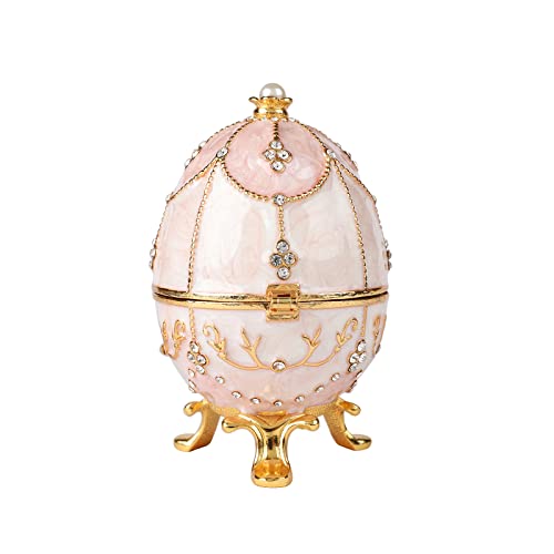 QIFU Hand Painted Pink Faberge Egg Figurine Trinket Box Hinged, Unique Gift for Family