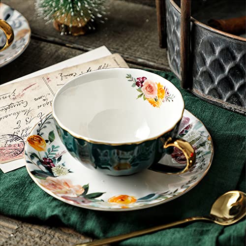 JOYOFUN Green Tea Cup and Saucer,Porcelain Coffee Cup Royal Ceramic Floral Lined Teacup with Gold Trim and Spoon,8 oz Vintage British Cup for Latte,Cappuccino,Tea Sets,Birthday Christmas Gift