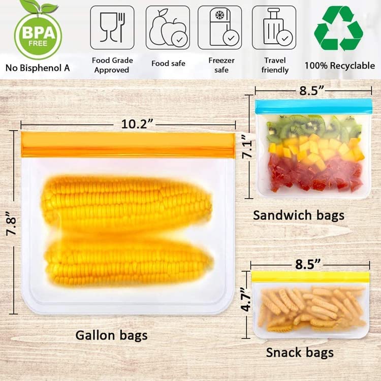 10 Pack BPA Free Reusable FoodStorage Ziplock Bag Silicone, eakproof,Durable and EcoFriendly Freezer for Lunch,Snacks,Fruits,vegetables Marinate Meats-2 Large,4 Medium 4 Small, Multicolor, 1 Count