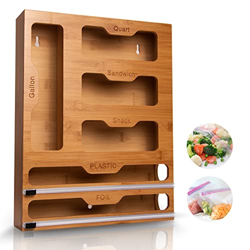 Ziplock Bamboo Bag Storage Organizer - 6 In 1 Wrap Dispenser With Cutter,Ziplock Bag Organizer suitable For Gallon, Quart, Sandwich & Snack Bag, Cling Film, Foil And Plastic Wrap Organizer