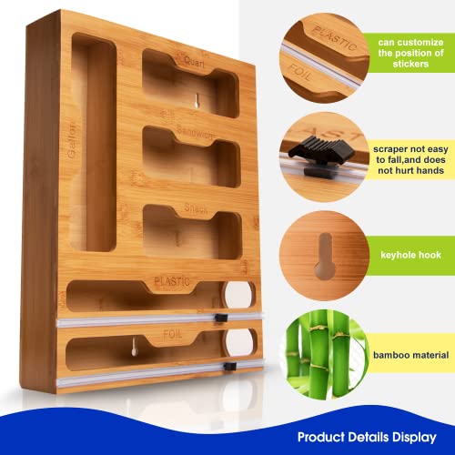 Ziplock Bamboo Bag Storage Organizer - 6 In 1 Wrap Dispenser With Cutter,Ziplock Bag Organizer suitable For Gallon, Quart, Sandwich & Snack Bag, Cling Film, Foil And Plastic Wrap Organizer