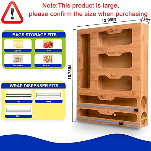 Ziplock Bamboo Bag Storage Organizer - 6 In 1 Wrap Dispenser With Cutter,Ziplock Bag Organizer suitable For Gallon, Quart, Sandwich & Snack Bag, Cling Film, Foil And Plastic Wrap Organizer