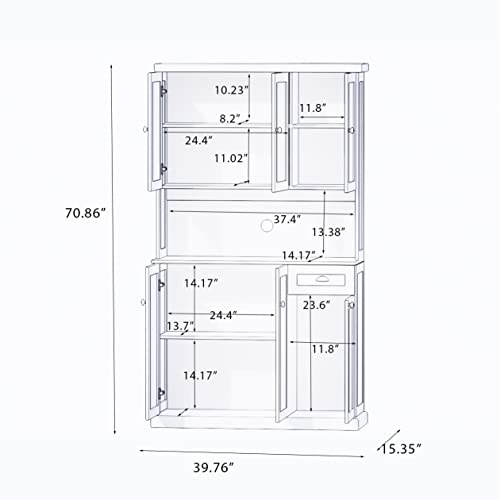 RASOO 71" Pantry Cabinet Kitchen Hutch Buffet Sideboard Oven Countertop Storage Microwave Cabinet with 3 Doors Upstairs and 3 Doors downstairs and 1 Drawer, White