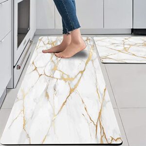 mrcrypos gold white kitchen rugs cushioned anti fatigue 2 piece set marble kitchen mats pvc waterproof leather runner rug non slip floor comfort mat for kitchen sink laundry office 17"x29"+17"x47"