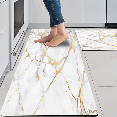 Mrcrypos Gold White Kitchen Rugs Cushioned Anti Fatigue 2 Piece Set Marble Kitchen Mats PVC Waterproof Leather Runner Rug Non Slip Floor Comfort Mat for Kitchen Sink Laundry Office 17"x29"+17"x47"