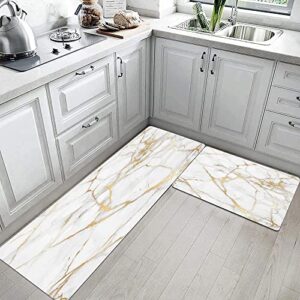 Mrcrypos Gold White Kitchen Rugs Cushioned Anti Fatigue 2 Piece Set Marble Kitchen Mats PVC Waterproof Leather Runner Rug Non Slip Floor Comfort Mat for Kitchen Sink Laundry Office 17"x29"+17"x47"