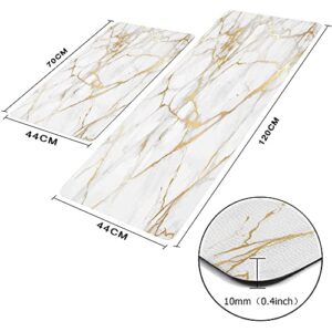 Mrcrypos Gold White Kitchen Rugs Cushioned Anti Fatigue 2 Piece Set Marble Kitchen Mats PVC Waterproof Leather Runner Rug Non Slip Floor Comfort Mat for Kitchen Sink Laundry Office 17"x29"+17"x47"