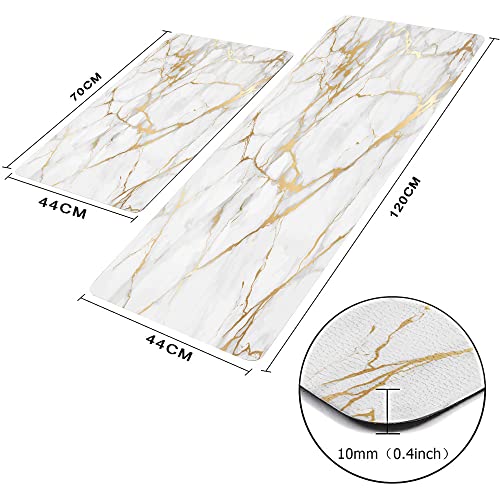 Mrcrypos Gold White Kitchen Rugs Cushioned Anti Fatigue 2 Piece Set Marble Kitchen Mats PVC Waterproof Leather Runner Rug Non Slip Floor Comfort Mat for Kitchen Sink Laundry Office 17"x29"+17"x47"