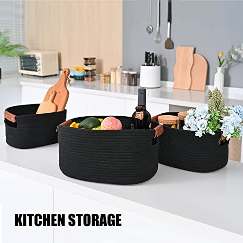 Cozyorganic Set of 3 Cotton Rope Baskets for Organizing Decorative Woven Basket for Storage,Shelf Basket for Shelves,Laundry,Bedroom,Kitchen,Living room,Nursery,Towels,Toys, Clothes(Black)