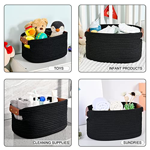 Cozyorganic Set of 3 Cotton Rope Baskets for Organizing Decorative Woven Basket for Storage,Shelf Basket for Shelves,Laundry,Bedroom,Kitchen,Living room,Nursery,Towels,Toys, Clothes(Black)