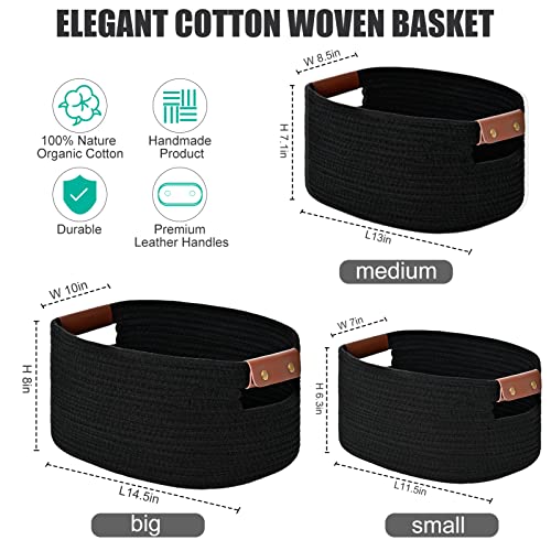 Cozyorganic Set of 3 Cotton Rope Baskets for Organizing Decorative Woven Basket for Storage,Shelf Basket for Shelves,Laundry,Bedroom,Kitchen,Living room,Nursery,Towels,Toys, Clothes(Black)