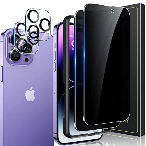 UniqueMe [2+2+1 Pack for iPhone 14 Pro Max 6.7 inch Privacy Screen Protector, Camera Lens Protector with Installation Frame, Tempered Glass Film [Anti-Spy][8K Ultra HD] Anti-Blue Light Eye Protection