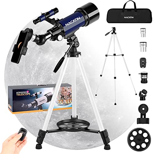 Telescope for Adults & Kids - NACATIN 70mm Aperture (16X-120X) Portable Refractor Telescopes for Astronomy Beginners, 400mm Travel Telescope with A Smartphone Adapter& A Wireless Remote-Blue