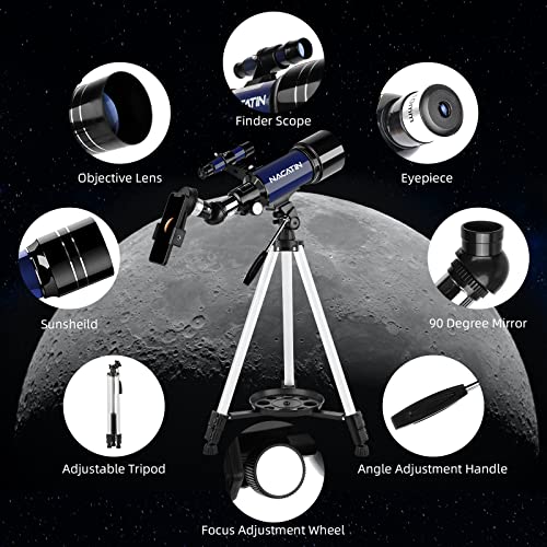 Telescope for Adults & Kids - NACATIN 70mm Aperture (16X-120X) Portable Refractor Telescopes for Astronomy Beginners, 400mm Travel Telescope with A Smartphone Adapter& A Wireless Remote-Blue