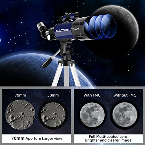 Telescope for Adults & Kids - NACATIN 70mm Aperture (16X-120X) Portable Refractor Telescopes for Astronomy Beginners, 400mm Travel Telescope with A Smartphone Adapter& A Wireless Remote-Blue