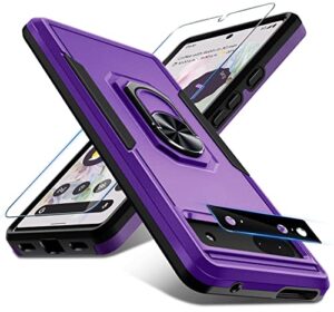 google pixel 7 case with screen protector + camera lens protector,heavy duty shockproof full body protective phone cover,built in rotatable magnetic ring holder kickstand,2022 lavender