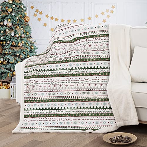 Dinjoy Christmas Holiday Throw Blanket, Snowflake Christmas Tree Green White Fuzzy Sherpa Fleece Plush Bed Throw Kid Xmas New Year, Fluffy Blanket for Bed Sofa Couch Car 50x60 Inches