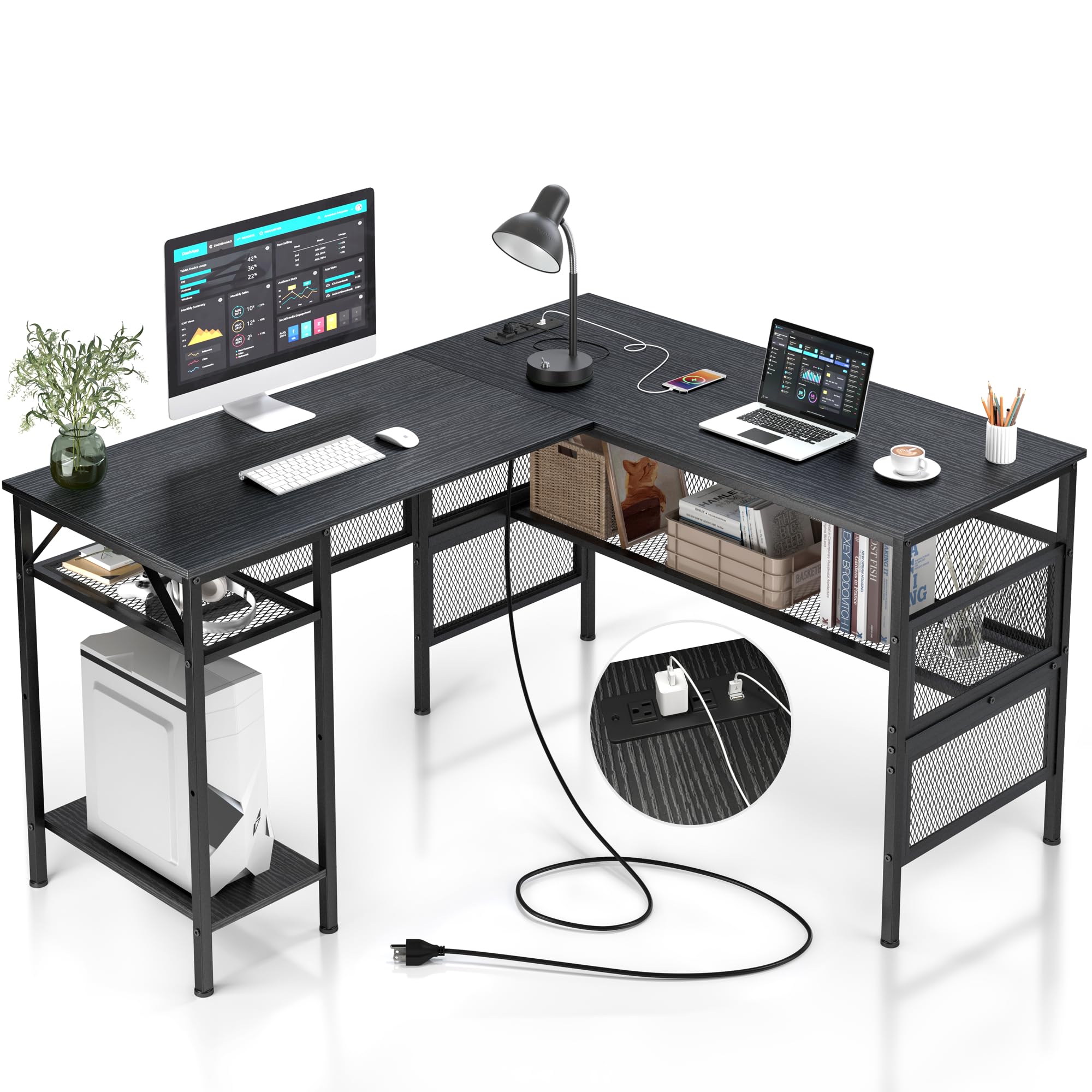 Mr IRONSTONE Computer Desk with Power Outlet, L Shaped Desk with Storage Shelves, Corner Gaming Desk with USB Charging Port for Home Office for Studying/Writing/Gaming - Willow Black