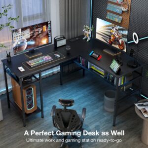 Mr IRONSTONE Computer Desk with Power Outlet, L Shaped Desk with Storage Shelves, Corner Gaming Desk with USB Charging Port for Home Office for Studying/Writing/Gaming - Willow Black