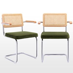 Zesthouse Rattan Dining Chairs with Arms, Mid-Century Modern Dining Chairs Set of 2, Accent Chairs with Metal Chrome Legs and Armrest, Velvet Upholstered Cane Armchairs for Living Room, Kitchen,Green
