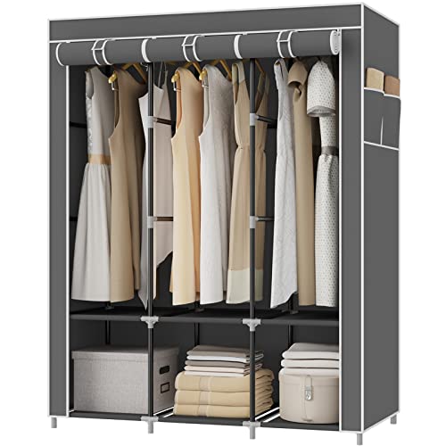 HOMGRNE Portable Closet, 49-Inch Portable Wardrobe with 6 Storage Shelves,3 Hanging Rods and 4 Side Pockets, Bedroom Clothes Organizer Rack with Non-Woven Fabric Cover