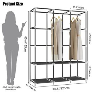 HOMGRNE Portable Closet, 49-Inch Portable Wardrobe with 6 Storage Shelves,3 Hanging Rods and 4 Side Pockets, Bedroom Clothes Organizer Rack with Non-Woven Fabric Cover