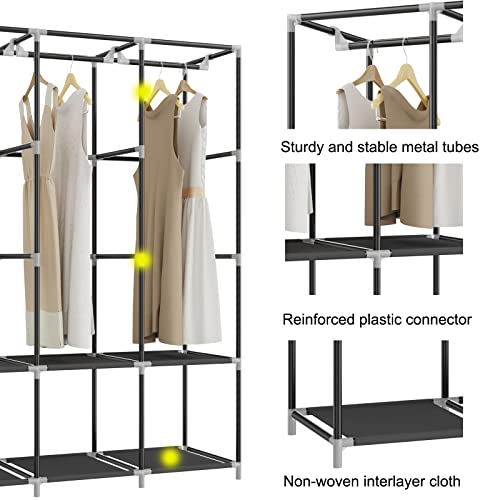 HOMGRNE Portable Closet, 49-Inch Portable Wardrobe with 6 Storage Shelves,3 Hanging Rods and 4 Side Pockets, Bedroom Clothes Organizer Rack with Non-Woven Fabric Cover