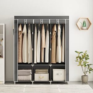 HOMGRNE Portable Closet, 49-Inch Portable Wardrobe with 6 Storage Shelves,3 Hanging Rods and 4 Side Pockets, Bedroom Clothes Organizer Rack with Non-Woven Fabric Cover