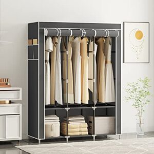 HOMGRNE Portable Closet, 49-Inch Portable Wardrobe with 6 Storage Shelves,3 Hanging Rods and 4 Side Pockets, Bedroom Clothes Organizer Rack with Non-Woven Fabric Cover