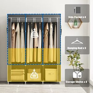 HOMGRNE Portable Closet, 49-Inch Portable Wardrobe with 6 Storage Shelves,3 Hanging Rods and 4 Side Pockets, Bedroom Clothes Organizer Rack with Non-Woven Fabric Cover